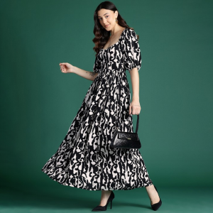 Printed Fit & Flare Monochrome Maxi Dress