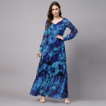 Abstract Printed Sweetheart Neck Cuffed Sleeves Gathered Tiered Georgette Maxi Dress