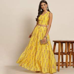 Women Chanderi Printed Lehenga & Crop Top